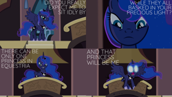 Size: 1986x1117 | Tagged: safe, edit, edited screencap, editor:quoterific, imported from derpibooru, screencap, princess luna, alicorn, pony, princess twilight sparkle (episode), season 4, angry, female, glowing eyes, open mouth, solo