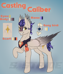 Size: 2201x2566 | Tagged: safe, artist:shade stride, imported from derpibooru, oc, oc only, oc:casting caliber, original species, seraph, clothes, full body, male, multiple wings, reference sheet, scarf, simple background, smiling, solo, stallion, wings