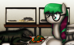 Size: 1622x999 | Tagged: safe, artist:99999999000, imported from derpibooru, oc, oc only, oc:li anna, gecko, iguana, leopard gecko, lizard, pegasus, pony, female, food, glasses, tomato, vegetables