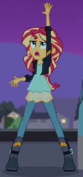 Size: 280x593 | Tagged: safe, imported from derpibooru, screencap, sunset shimmer, equestria girls, my past is not today, armpits, arms in the air, boots, clothes, cropped, denim, dress, hands in the air, jacket, jeans, leather, leather jacket, looking up, pants, shoes, solo, transparent skirt