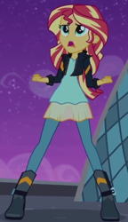 Size: 386x669 | Tagged: safe, imported from derpibooru, screencap, sunset shimmer, equestria girls, my past is not today, boots, clothes, cropped, denim, dress, jacket, jeans, leather, leather jacket, pants, rebecca shoichet, shoes, solo, transparent skirt