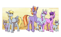 Size: 2600x1600 | Tagged: safe, artist:inuhoshi-to-darkpen, imported from derpibooru, amethyst star, blue belle, crystal lake, derpy hooves, dinky hooves, liza doolots, petunia, sparkler, tootsie flute, pegasus, pony, unicorn, chest fluff, ear fluff, family, female, half-siblings, half-sisters, implied adultery, implied infidelity, male, mare, married couple, raised hoof, stallion, story included, unshorn fetlocks