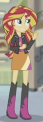 Size: 300x857 | Tagged: safe, imported from derpibooru, screencap, sunset shimmer, equestria girls, my past is not today, <:), boots, clothes, cropped, cute, cutie mark on clothes, grin, jacket, knee-high boots, leather, leather jacket, nervous chuckle, shirt, shoes, skirt, smiling, solo, teeth, waving