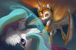 Size: 7000x4583 | Tagged: safe, artist:auroriia, imported from derpibooru, daybreaker, princess celestia, alicorn, pony, a royal problem, absurd resolution, armor, duo, female, flying, force field, mare, swapped cutie marks