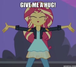 Size: 600x535 | Tagged: safe, edit, edited screencap, imported from derpibooru, screencap, sunset shimmer, equestria girls, my past is not today, caption, hug request, image macro, solo, text