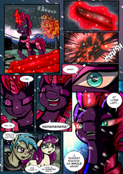 Size: 2480x3508 | Tagged: safe, artist:dsana, imported from derpibooru, fizzlepop berrytwist, tempest shadow, oc, oc:fireweed, oc:thistledown, earth pony, pony, unicorn, comic:a storm's lullaby, armor, brother and sister, comic, corrupted, crystal armor, dark magic, evil laugh, female, glowing eyes, horn, laughing, mad with power, magic, male, scar, siblings, tempest gets her horn back, this will end in tears