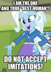 Size: 429x600 | Tagged: safe, edit, edited screencap, imported from derpibooru, screencap, trixie, equestria girls, equestria girls series, forgotten friendship, caption, hand on hip, image macro, text