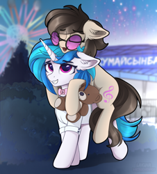 Size: 3250x3600 | Tagged: safe, artist:lakunae, imported from derpibooru, dj pon-3, octavia melody, vinyl scratch, earth pony, pony, unicorn, accessory swap, blushing, clothes, cute, duo, ear fluff, eyes closed, female, high res, hooves, lesbian, mare, octavia riding dj pon 3, ponies riding ponies, riding, scratchtavia, shipping