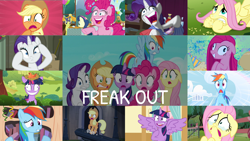 Size: 1968x1108 | Tagged: safe, edit, edited screencap, editor:quoterific, imported from derpibooru, screencap, applejack, fluttershy, pinkie pie, rainbow dash, rarity, twilight sparkle, alicorn, earth pony, pegasus, pony, unicorn, castle mane-ia, daring don't, fame and misfortune, filli vanilli, lesson zero, magic duel, party of one, party pooped, secrets and pies, sonic rainboom (episode), the crystal empire, the saddle row review, applejack's hat, bloodshot eyes, cowboy hat, crying, freakout, gasp, hat, mane six, open mouth, pinkamena diane pie, screaming, twilight snapple, twilight sparkle (alicorn), twitching, unicorn twilight