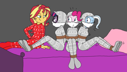 Size: 2068x1164 | Tagged: safe, artist:bugssonicx, imported from derpibooru, pinkie pie, sci-twi, sunset shimmer, trixie, twilight sparkle, equestria girls, arm behind back, bed, bondage, bound and gagged, cloth gag, clothes, footed sleeper, footie pajamas, gag, help us, on bed, one eye closed, onesie, otn gag, over the nose gag, pajamas, rope, rope bondage, sleepover, slumber party, tied up, winter