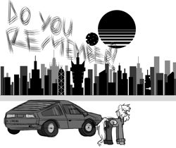 Size: 6900x5800 | Tagged: safe, artist:menalia, imported from derpibooru, oc, oc only, oc:shiny flames, pegasus, pony, absurd resolution, back to the future, car, city, clothes, cyberpunk, cyberpunk 2077, delorean, emotionless, female, grayscale, hoodie, mare, monochrome, moon, pants, shoes, sketch, solo, sun, text, wings, wip