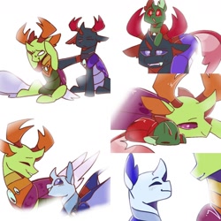 Size: 1564x1564 | Tagged: safe, artist:paintedsnek, imported from derpibooru, pharynx, thorax, oc, oc:apex, oc:apex (kolb), oc:calor the changeling, changedling, changeling, fanfic:the king of love bugs, blushing, brotherly love, brothers, changedling brothers, collage, cuddling, cute, holding head, king thorax, male, panic, panicking, papa thorax, pony hat, prince pharynx, riding, sibling love, siblings, simple background, sleeping, smiling, thorabetes, white background