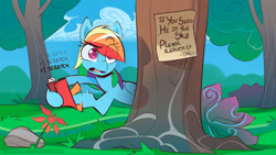 Size: 1920x1081 | Tagged: safe, artist:icychamber, imported from derpibooru, rainbow dash, pegasus, pony, eye clipping through hair, note, pencil, solo, tree, writing