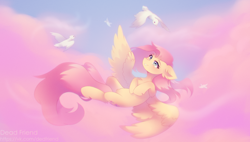 Size: 5000x2845 | Tagged: safe, artist:dedfriend, imported from derpibooru, fluttershy, bird, pegasus, pony, chest fluff, cloud, cute, daaaaaaaaaaaw, ear fluff, female, flying, high res, hooves to the chest, leg fluff, looking at someone, mare, shyabetes, sky, smiling, solo, spread wings, wings