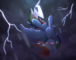 Size: 5000x4000 | Tagged: safe, artist:dedfriend, imported from derpibooru, rainbow dash, pegasus, pony, absurd resolution, ear fluff, female, flying, lightning, mare, outdoors, overcast, rain, smiling, solo, spread wings, upside down, wings