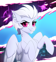 Size: 1742x1908 | Tagged: safe, artist:strafe blitz, imported from derpibooru, oc, oc only, pegasus, pony, abstract background, belly, bust, concave belly, grin, looking at you, open mouth, raised hooves, signature, slim, smiling, solo, thin