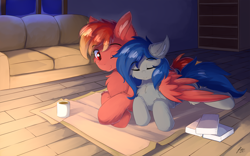 Size: 1920x1200 | Tagged: safe, artist:lunar froxy, imported from derpibooru, oc, oc only, earth pony, pegasus, pony, book, chest fluff, commission, couch, ear fluff, eyes closed, hug, indoors, mug, oc x oc, shipping, smiling, snuggling, wing blanket, winghug, wings