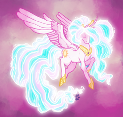 Size: 1280x1215 | Tagged: safe, artist:snickerdoobles, imported from derpibooru, princess celestia, alicorn, pony, curved horn, eyes closed, female, flying, glowing mane, glowing tail, horn, jewelry, mare, pinklestia, regalia, solo