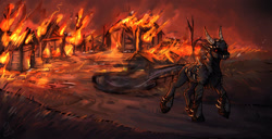 Size: 1280x656 | Tagged: safe, artist:wonderblue, imported from derpibooru, oc, oc only, armor, armored pony, burning, commission, evil, fire, fireplace, solo