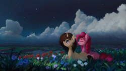 Size: 2560x1440 | Tagged: safe, artist:quvr, imported from derpibooru, pinkie pie, oc, oc:serena mist, earth pony, pony, unicorn, canon x oc, cloud, female, flower, lying down, mare, night, prone, scenery, stars