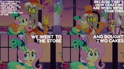 Size: 1986x1117 | Tagged: safe, edit, edited screencap, editor:quoterific, imported from derpibooru, screencap, discord, fluttershy, tree hugger, draconequus, earth pony, pegasus, pony, make new friends but keep discord, :i, balloon, clothes, dress, female, gala dress, grand galloping gala, hat, male, open mouth, we bought two cakes