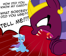 Size: 2530x2164 | Tagged: safe, artist:badumsquish, derpibooru exclusive, imported from derpibooru, sphinx (character), trixie, pony, sphinx, unicorn, abstract background, angry, cape, clothes, dialogue, dreamworks face, duo, female, headdress, magic trick, mare, raised eyebrow, screaming, sharp teeth, show accurate, size difference, smug, teeth, that's trixie, trixie's cape, windswept mane, windswept tail, yelling