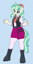 Size: 957x1866 | Tagged: safe, artist:puetsua, imported from derpibooru, coco pommel, sunset shimmer, oc, oc:cocoshim, anthro, unguligrade anthro, unicorn, blue background, boots, clothes, commission, eyebrows, eyebrows visible through hair, female, fusion, open mouth, shirt, shoes, simple background, smiling, solo, standing