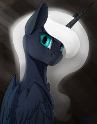 Size: 1700x2160 | Tagged: safe, artist:tenebrisnoctus, imported from derpibooru, princess luna, alicorn, pony, abstract background, alternate design, bust, chest fluff, female, looking at you, mare, solo