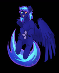 Size: 1024x1271 | Tagged: safe, artist:ssilverliver, imported from derpibooru, oc, oc only, pegasus, pony, black background, chest fluff, ethereal mane, flower, heterochromia, open mouth, pegasus oc, simple background, sitting, smiling, solo, starry mane, wings