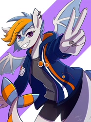 Size: 1500x2001 | Tagged: safe, artist:itsonlyaurl, imported from derpibooru, oc, oc only, oc:gulfstream, anthro, hybrid, original species, shark, shark pony, bat wings, clothes, compression shorts, female, furry, grin, jacket, looking at you, peace sign, piercing, smiling, solo, solo female, tail, wings