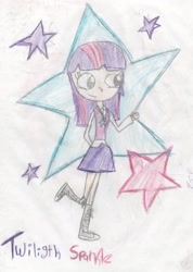 Size: 2086x2930 | Tagged: safe, artist:mexicangirl12, imported from derpibooru, twilight sparkle, human, clothes, cutie mark background, female, humanized, shoes, skirt, smiling, solo, traditional art, waving