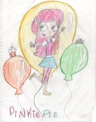 Size: 2296x2928 | Tagged: safe, artist:mexicangirl12, imported from derpibooru, pinkie pie, human, balloon, clothes, eyelashes, female, humanized, open mouth, pants, skirt, smiling, solo, traditional art