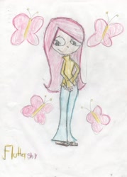 Size: 2136x2988 | Tagged: safe, artist:mexicangirl12, imported from derpibooru, fluttershy, human, bellbottoms, clothes, cute, cutie mark background, female, humanized, pants, shyabetes, smiling, solo, traditional art