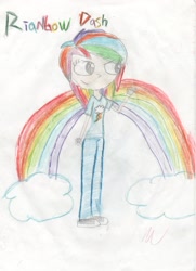 Size: 2160x2988 | Tagged: safe, artist:mexicangirl12, imported from derpibooru, rainbow dash, human, clothes, eyelashes, female, humanized, pants, rainbow, smiling, solo, traditional art, waving