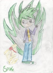 Size: 2235x3062 | Tagged: safe, artist:mexicangirl12, imported from derpibooru, spike, human, clothes, fire, humanized, male, pants, scroll, shoes, smiling, solo, traditional art, waving