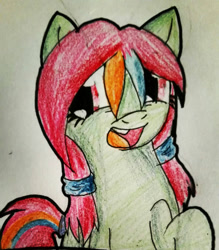 Size: 1152x1318 | Tagged: safe, artist:juliet-gwolf18, imported from derpibooru, oc, oc only, earth pony, pony, bust, earth pony oc, eyelashes, female, mare, open mouth, smiling, solo, traditional art