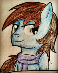 Size: 1152x1440 | Tagged: safe, artist:juliet-gwolf18, imported from derpibooru, oc, oc only, pegasus, pony, bust, clothes, male, pegasus oc, scarf, smiling, solo, stallion, traditional art, wings