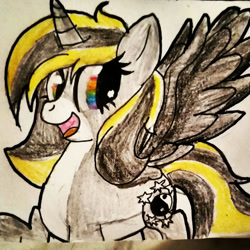 Size: 1983x1983 | Tagged: safe, artist:juliet-gwolf18, imported from derpibooru, oc, oc only, oc:juliet, alicorn, pony, alicorn oc, bust, eyelashes, horn, open mouth, smiling, solo, traditional art, wings, yin-yang