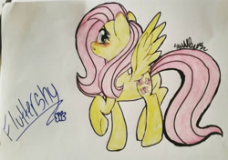 Size: 1640x1152 | Tagged: safe, artist:juliet-gwolf18, imported from derpibooru, fluttershy, pegasus, pony, blushing, cute, daaaaaaaaaaaw, eyelashes, female, mare, raised hoof, shyabetes, signature, solo, traditional art, underhoof