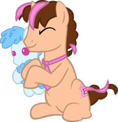 Size: 1334x1380 | Tagged: safe, artist:amelia-bases, artist:pegasski, imported from derpibooru, oc, oc only, oc:curly mane, oc:think pink, pony, unicorn, base used, eyes closed, horn, hug, male, necktie, plushie, simple background, smiling, solo, stallion, transparent background, unicorn oc