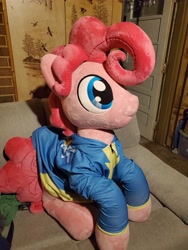 Size: 3024x4032 | Tagged: safe, artist:lanacraft, artist:noxi1_48, imported from derpibooru, photographer:crescent star, pinkie pie, earth pony, bubble berry, clothes, couch, hoodie, irl, male, photo, plushie, rule 63, sitting, wonderbolts hoodie