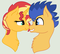 Size: 1034x924 | Tagged: safe, artist:jadeharmony, artist:jadethepegasus, imported from derpibooru, flash sentry, sunset shimmer, pegasus, pony, unicorn, boop, bust, duo, female, flashimmer, grin, looking into each others eyes, male, mare, noseboop, shipping, simple background, smiling, stallion, straight