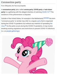 Size: 1228x1588 | Tagged: safe, imported from derpibooru, pinkie pie, coronavirus, coronavirus party, covidiots, oh no, party, this will end in coronavirus pandemic, this will end in death, this will end in tears, this will end in tears and/or death, we are going to hell, why, wikipedia