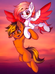 Size: 1200x1600 | Tagged: safe, artist:falafeljake, imported from derpibooru, oc, oc only, oc:deepest apologies, oc:mixtape, earth pony, pegasus, pony, sunset