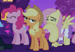 Size: 741x518 | Tagged: safe, edit, imported from ponybooru, screencap, applejack, fluttershy, pinkie pie, earth pony, pegasus, pony, read it and weep, angry, bathrobe, clothes, cropped, eyes closed, faic, looking to side, night, open mouth, robe, tongue out, unamused