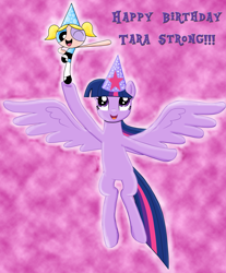 Size: 2704x3268 | Tagged: safe, artist:majkashinoda626, imported from derpibooru, twilight sparkle, alicorn, pony, birthday, bubbles (powerpuff girls), crossover, hat, party hat, tara strong, the powerpuff girls, twilight sparkle (alicorn), voice actor joke