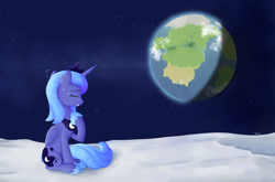 Size: 2500x1650 | Tagged: safe, artist:biocrine, imported from derpibooru, princess luna, alicorn, pony, crying, equestria, female, mare, moon, on the moon, planet, s1 luna, sad, solo, space, stars