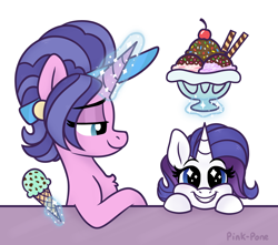 Size: 2000x1770 | Tagged: safe, artist:pink-pone, imported from derpibooru, cookie crumbles, rarity, unicorn, cherry, chest fluff, cone, cute, female, food, fruit, happy, herbivore, ice cream, ice cream cone, like mother like daughter, like parent like child, magic, mother and child, mother and daughter, raribetes, telekinesis