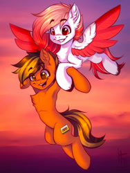 Size: 1200x1600 | Tagged: safe, artist:falafeljake, imported from derpibooru, oc, oc only, oc:deepest apologies, oc:mixtape, earth pony, pegasus, pony, armpits, carrying, chest fluff, colored wings, ear fluff, eye clipping through hair, eyebrows, eyebrows visible through hair, flying, holding a pony, multicolored wings, open mouth, smiling, spread wings, sunset, wings