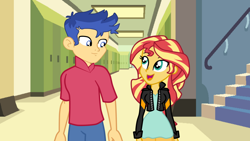 Size: 1280x720 | Tagged: safe, artist:3d4d, imported from derpibooru, flash sentry, sunset shimmer, equestria girls, date, female, flashimmer, height difference, looking at each other, male, shipping, straight